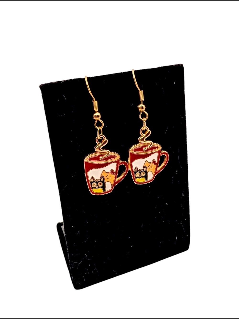 Red Coffee Cup Cat Dangle Earrings
